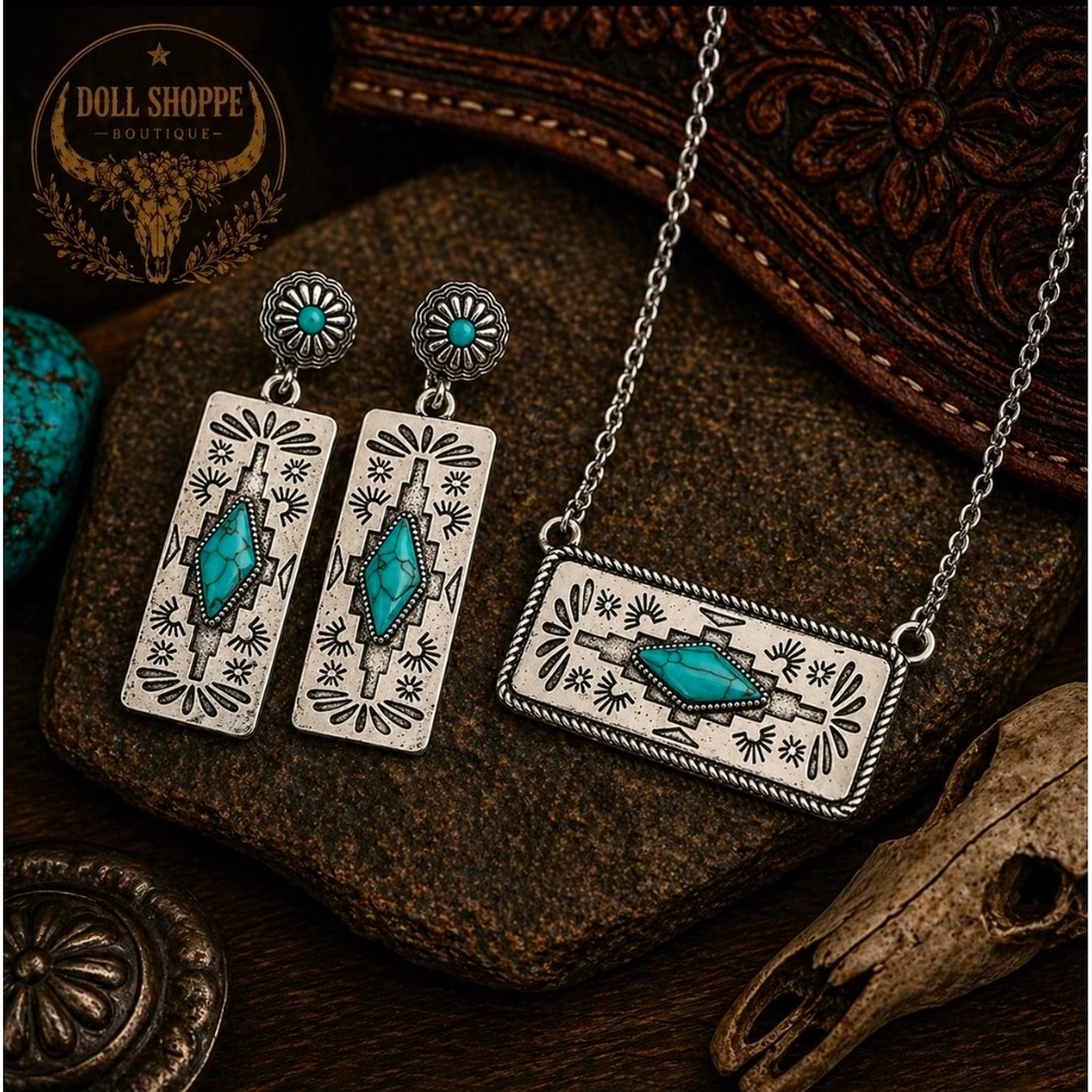 Turquoise Western Jewelry Set | Silver Tone Boho Necklace & Earrings Set